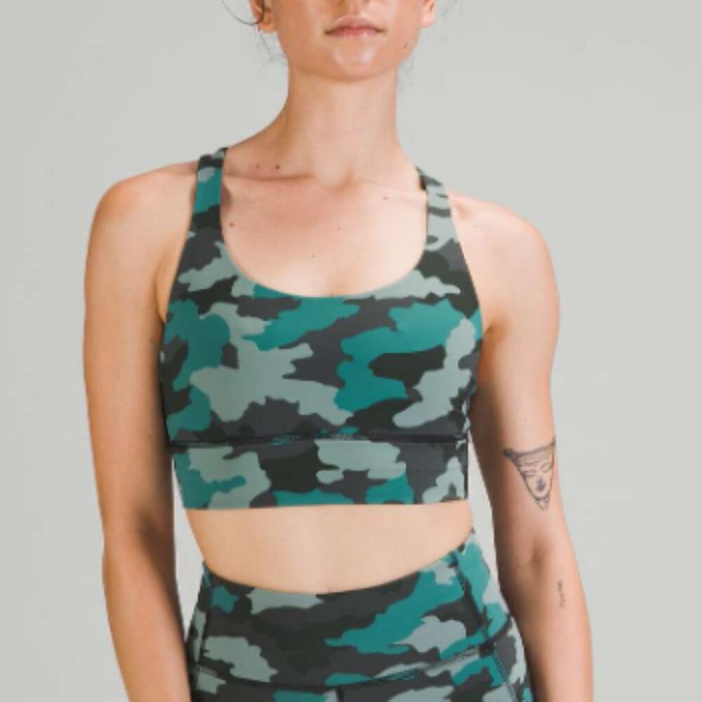 Lululemon Energy Bra Longline B–D Cups Size 10 Heritage 365 Camo Tidewater Teal